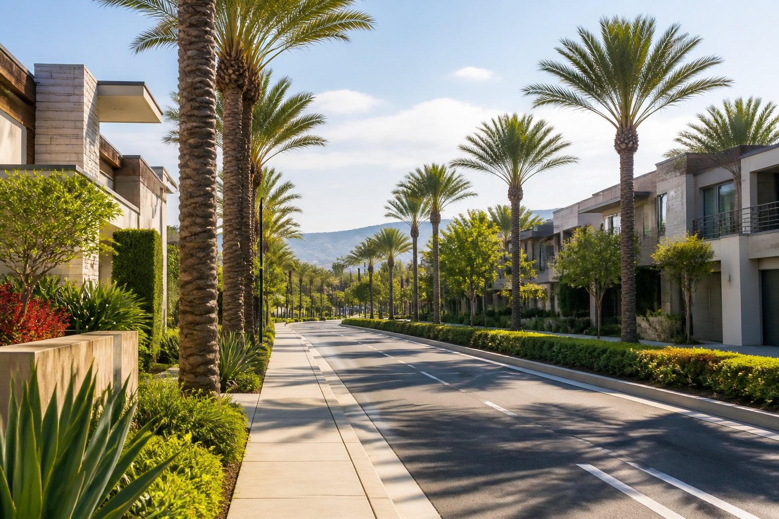 A palm-lined boulevard with upscale homes, landscaped streets, and distant hills in Irvine, California.