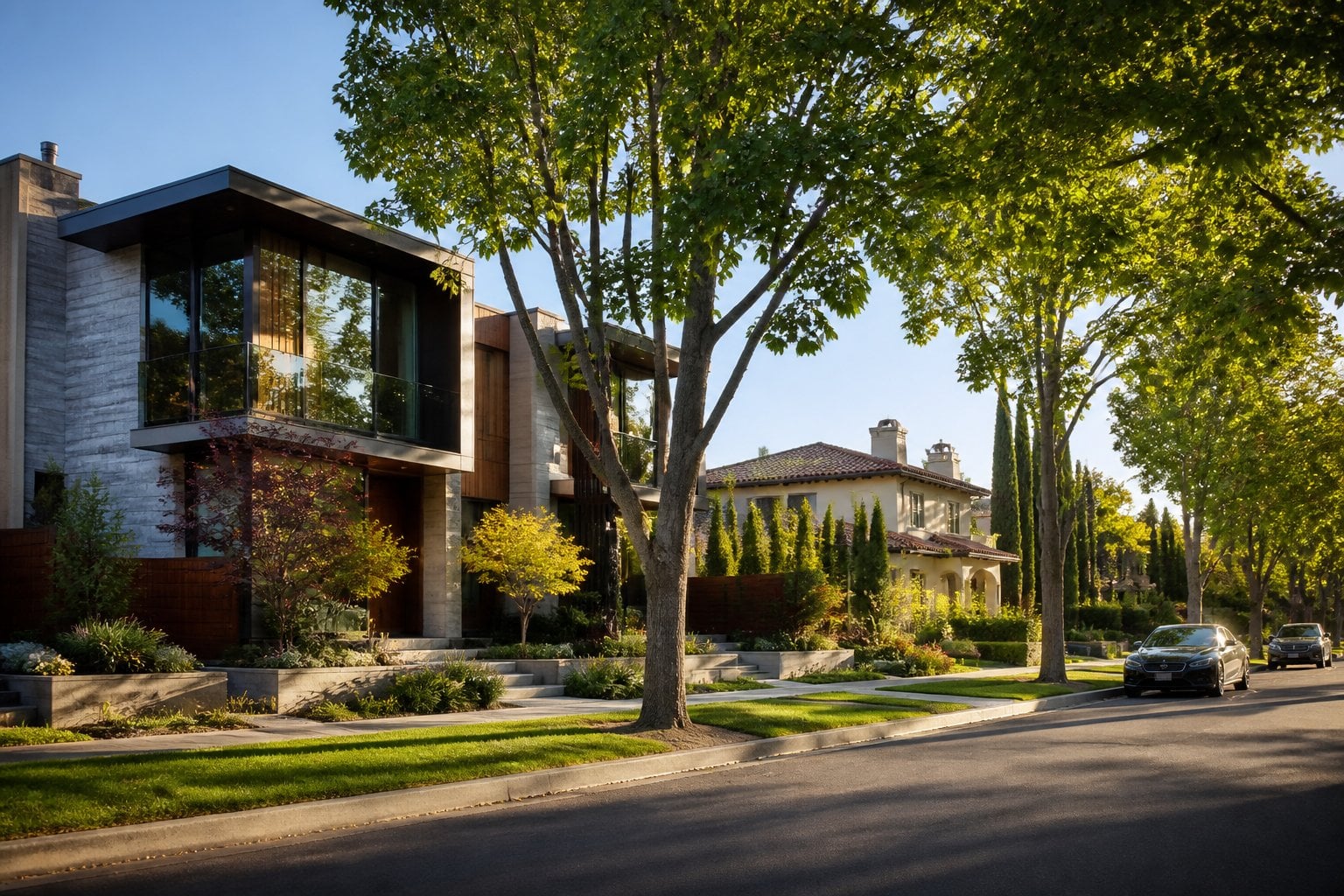 An upscale tree-lined residential street in Palo Alto with elegant homes, landscaped yards, and luxury cars.
