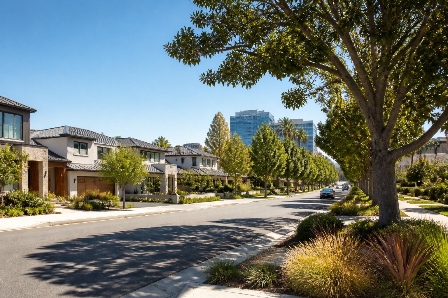 A sunny upscale neighborhood in Sunnyvale, California, with modern homes, landscaped streets, and distant office buildings.