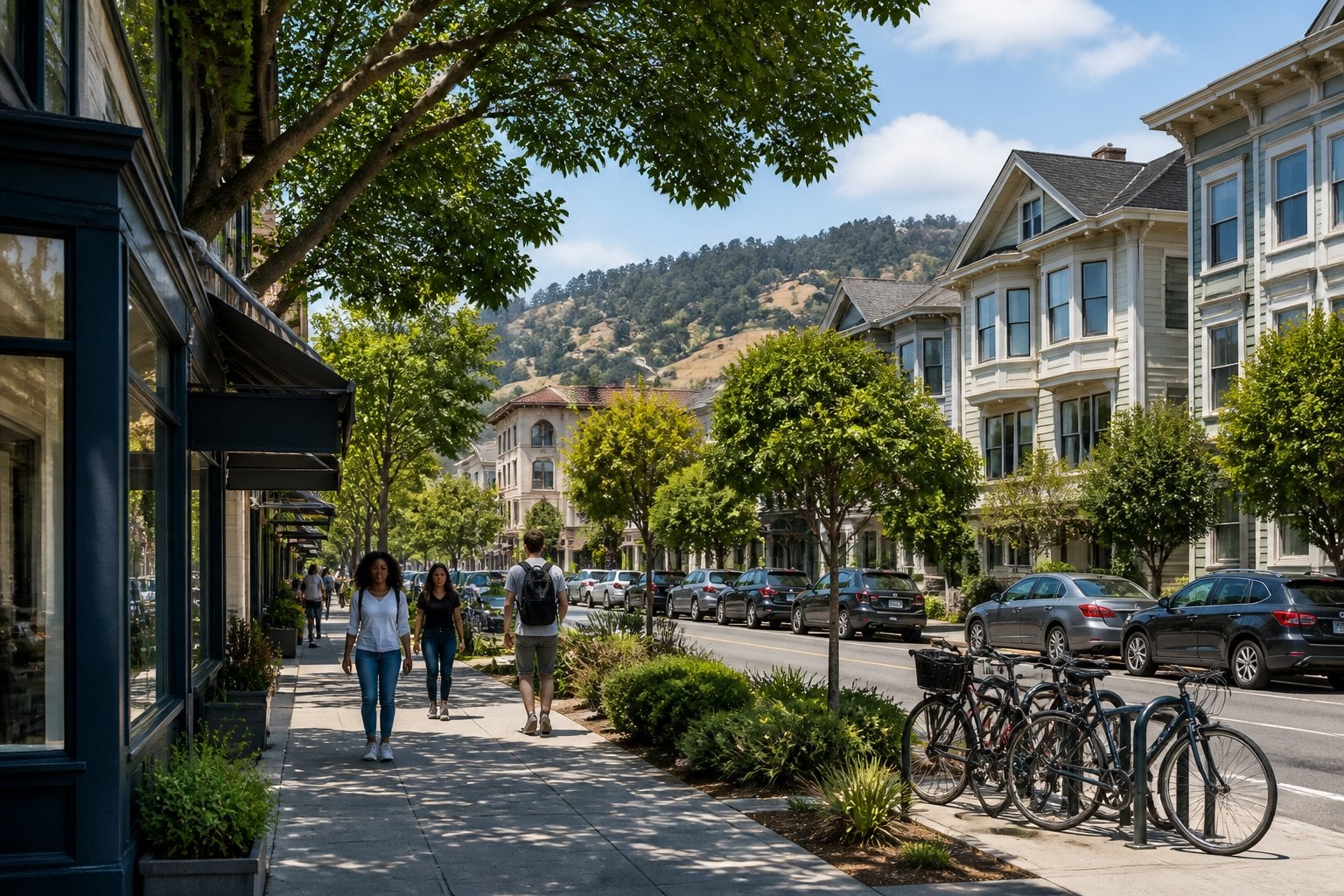 A leafy Berkeley street with elegant homes, bicycles, pedestrians, and the Berkeley Hills in the background.
