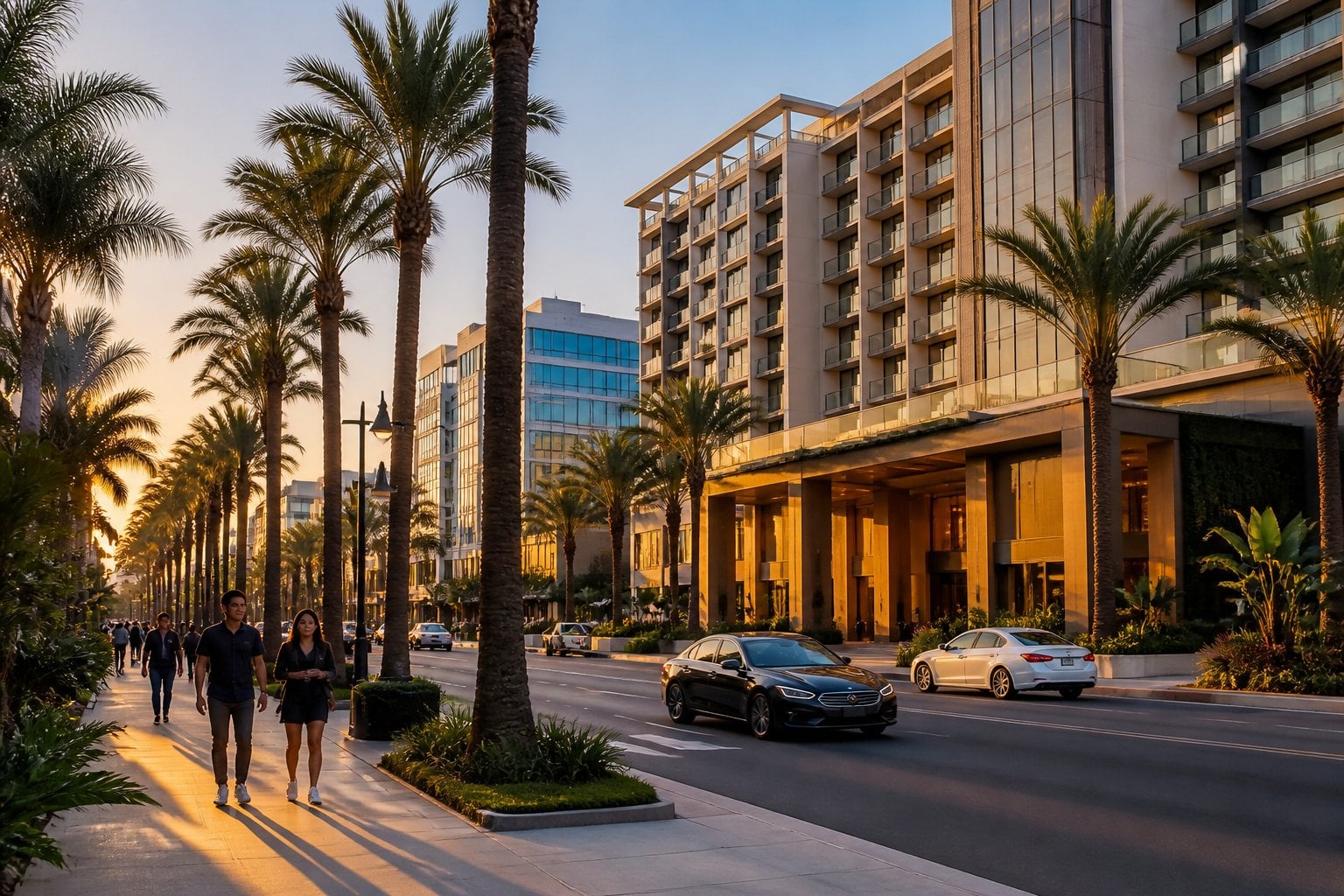 A palm-lined Anaheim street with upscale buildings, landscaped sidewalks, pedestrians, and well-maintained vehicles at golden hour.