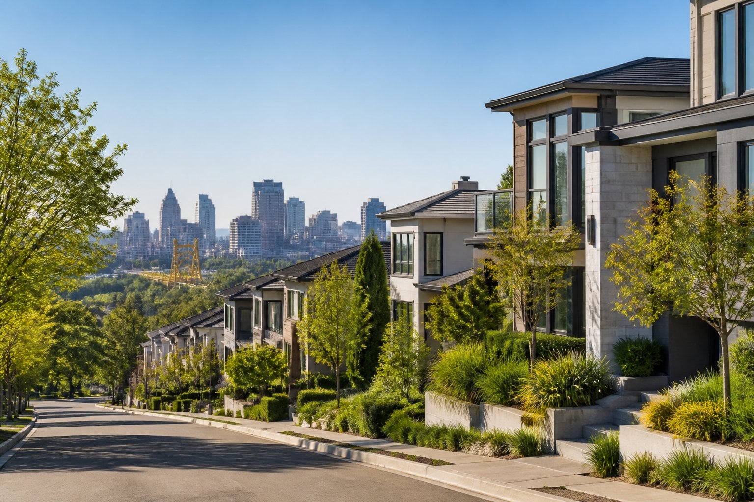 An upscale Sacramento neighborhood with landscaped streets, modern homes, and the city skyline in the background.