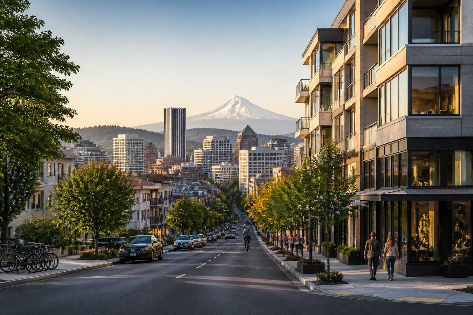 An upscale Portland streetscape with modern buildings, landscaped sidewalks, pedestrians, and Mount Hood in the distance.