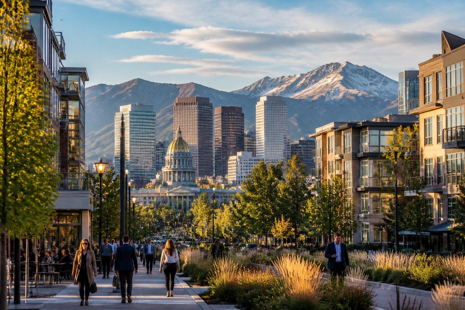 Denver’s downtown skyline with the Rocky Mountains in the background.