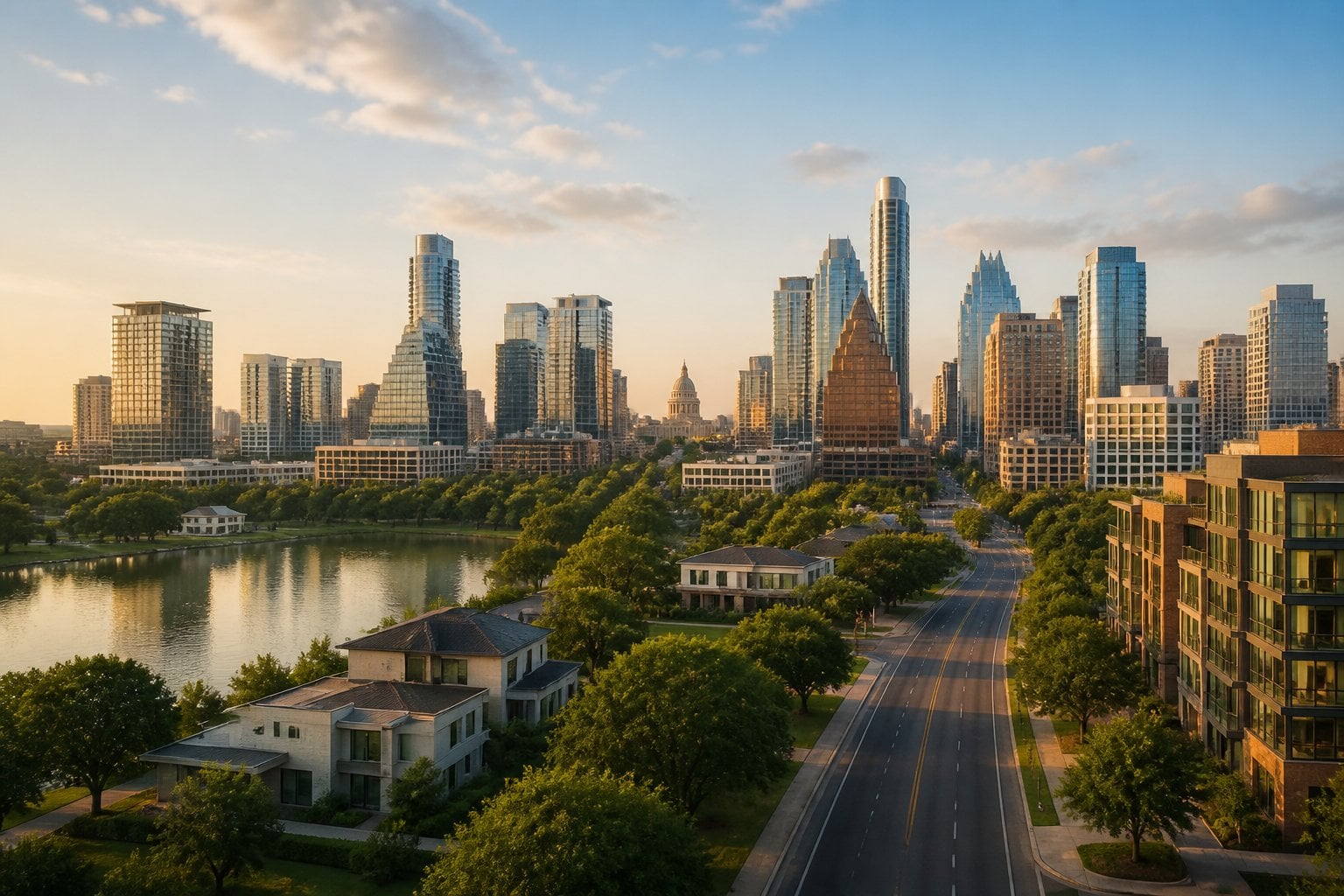 Austin skyline with modern buildings, the Texas State Capitol, and the Colorado River at sunset.