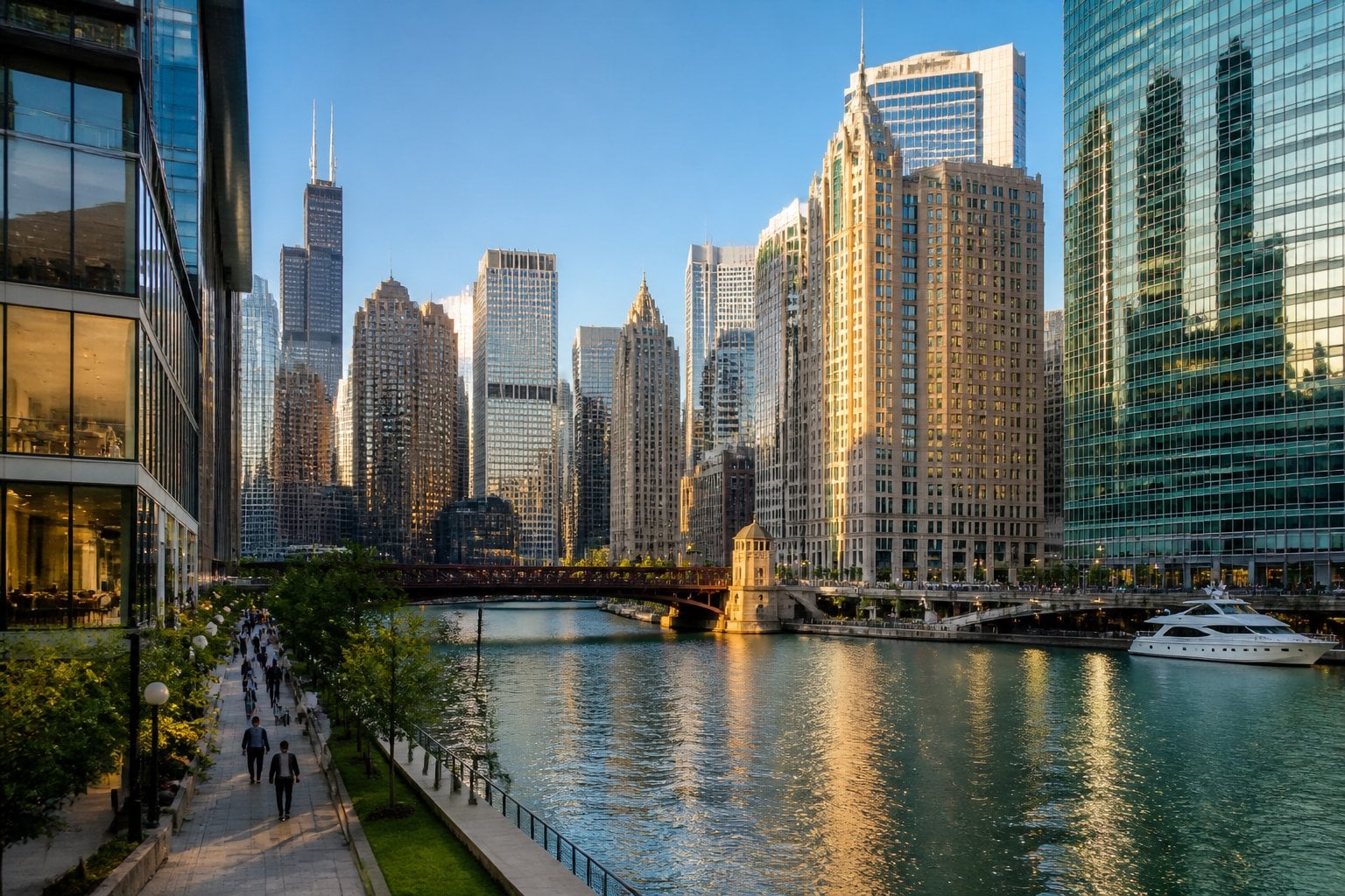 Chicago’s downtown skyline rises above the Chicago River in warm afternoon light.