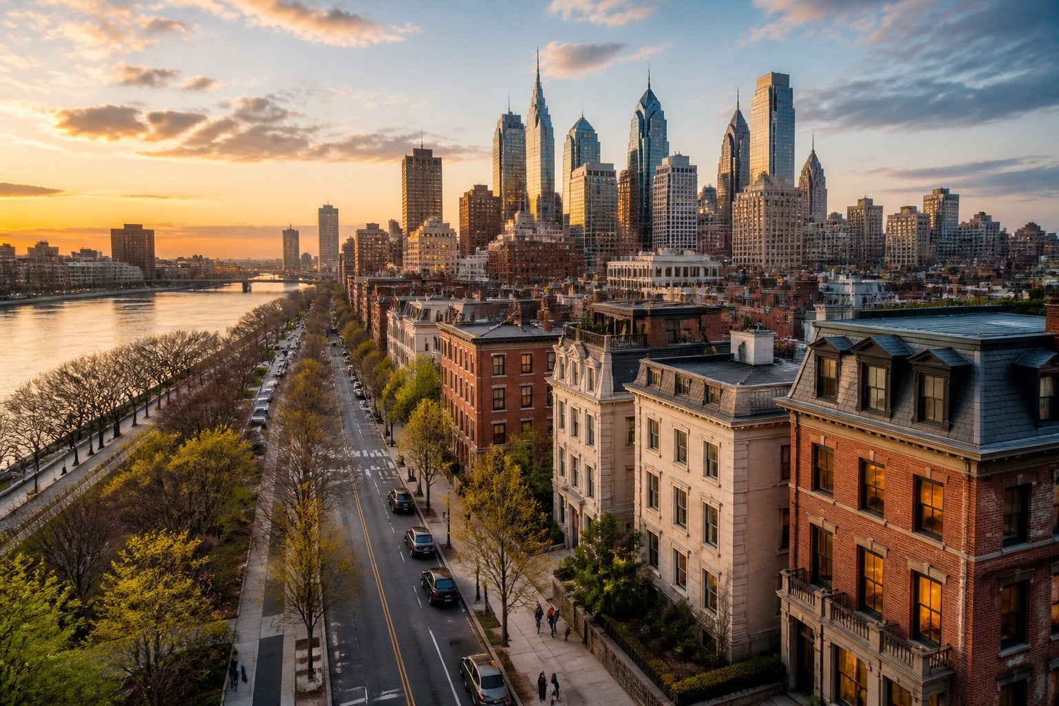 Philadelphia’s skyline and historic buildings beside an upscale city street at sunset.