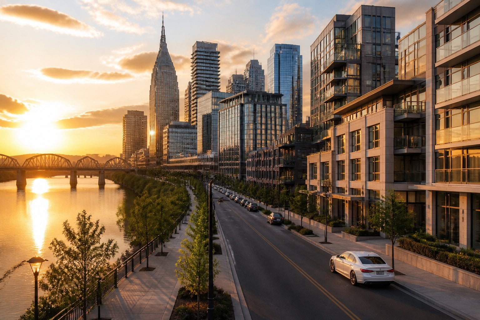 A polished downtown Nashville skyline with modern buildings, landscaped streets, and warm evening light.