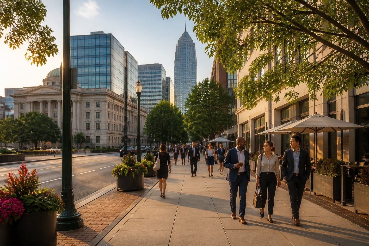 A polished downtown Raleigh streetscape with modern buildings, landscaped sidewalks, mature trees, and people walking near the State Capitol area.