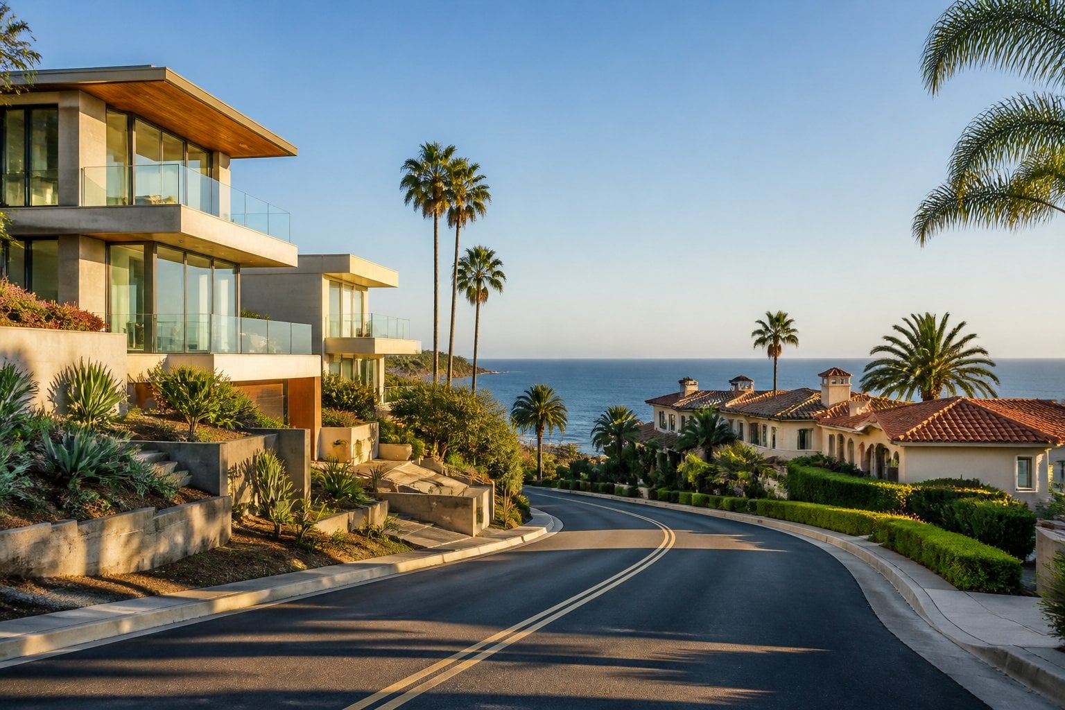 Luxury homes on a landscaped coastal street with ocean views.