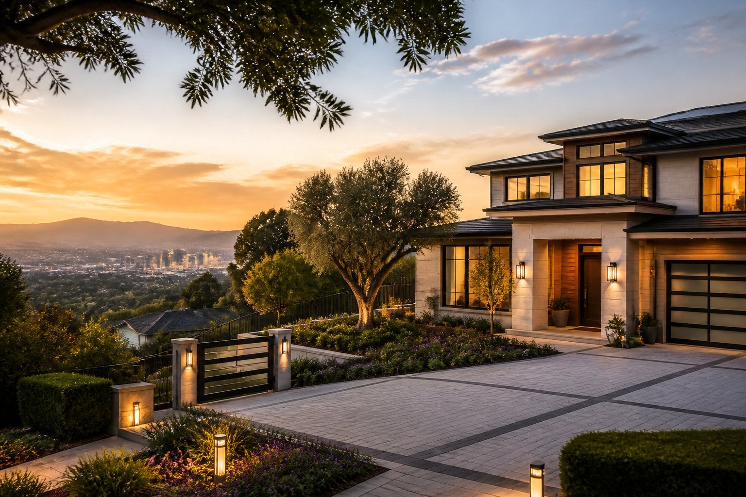 An upscale modern home in a landscaped San Jose neighborhood with the city skyline and foothills in the background.