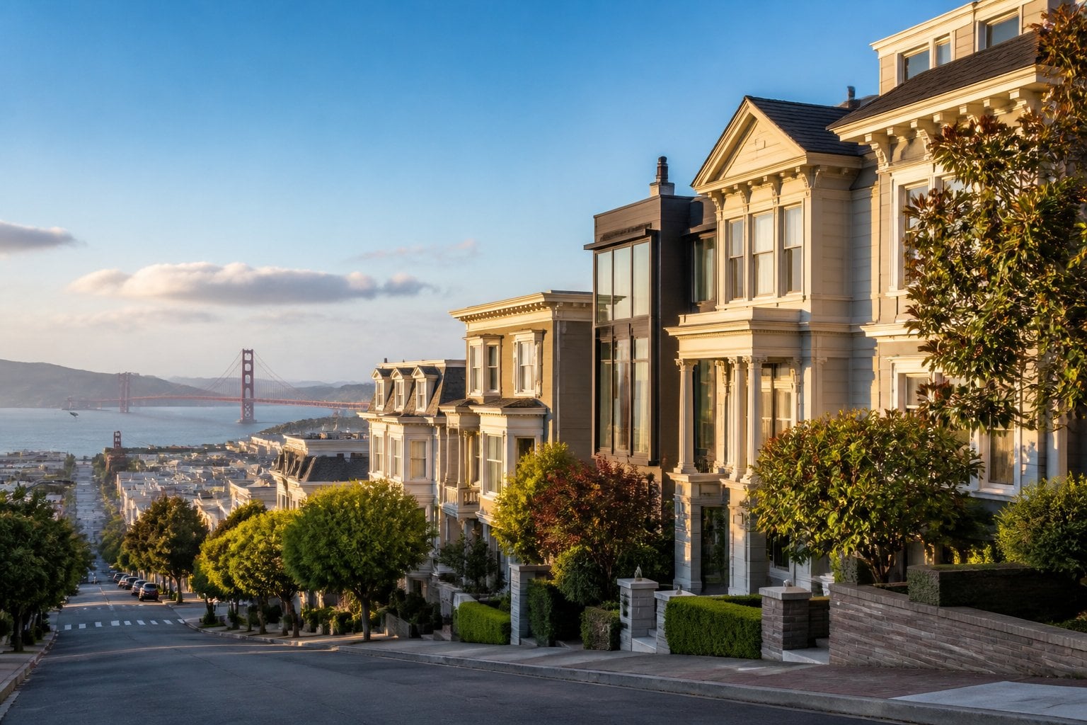 An upscale San Francisco neighborhood with colorful historic homes, landscaped streets, and the Golden Gate Bridge in the distance.