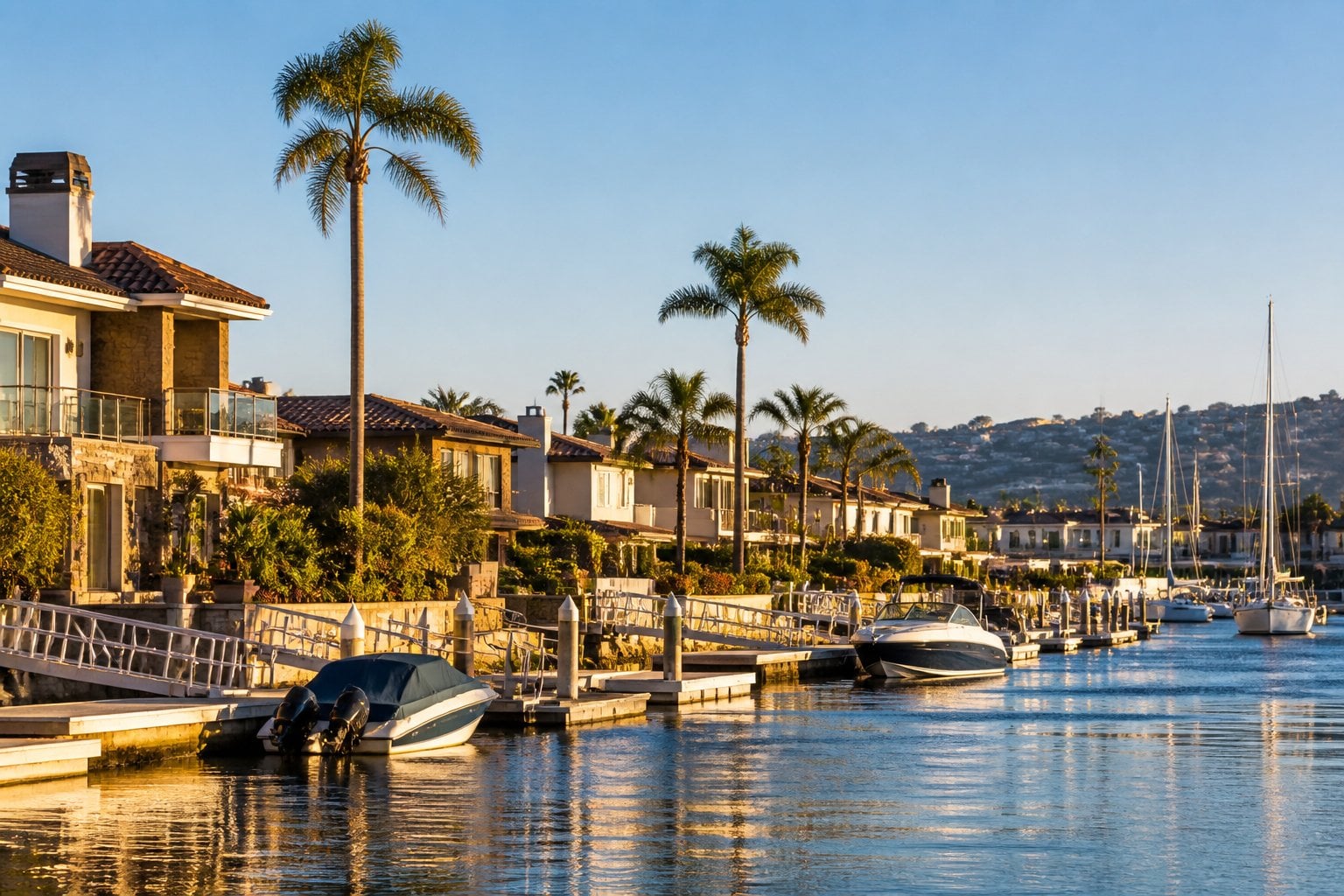 Luxury homes, palm trees, yachts, and calm harbor waters in Newport Beach, California.