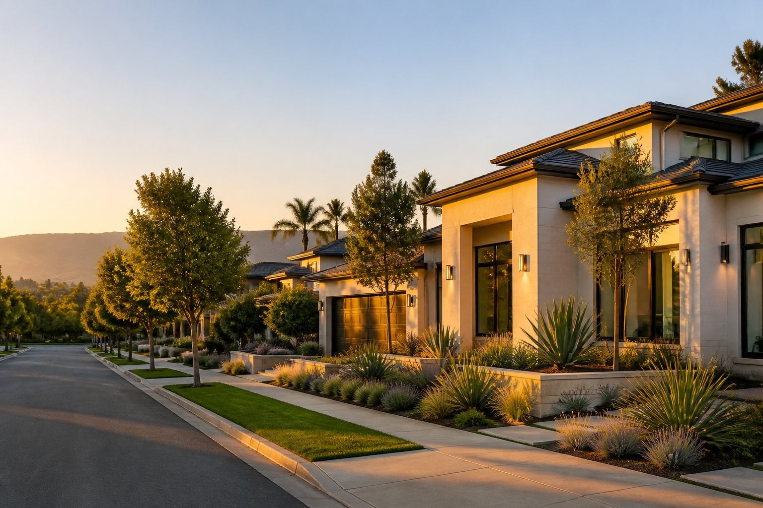 An upscale home on a landscaped residential street in Santa Clara, California, with distant hills and warm evening light.