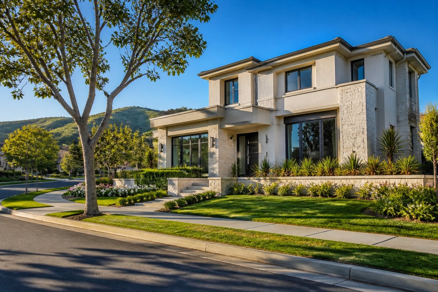 An upscale home in a landscaped Irvine, California neighborhood under a clear blue sky.