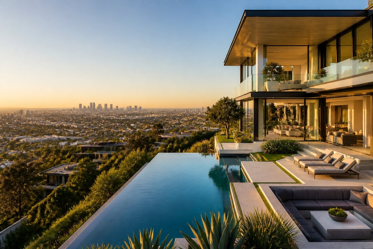 Luxury hillside home with a pool overlooking Los Angeles.