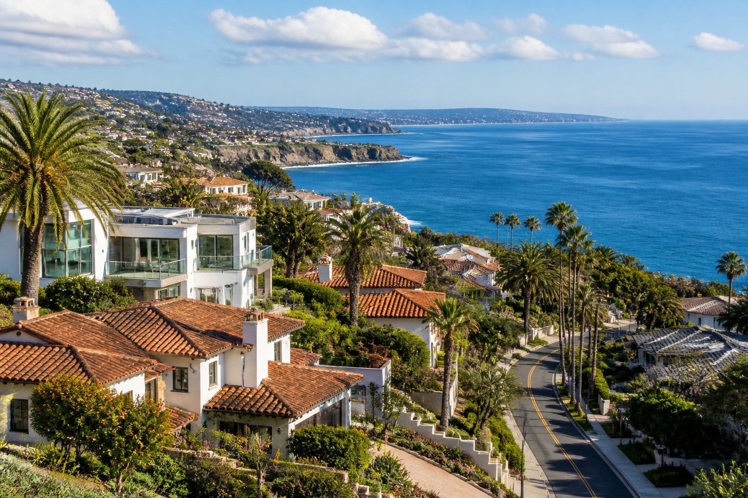 An upscale coastal neighborhood with elegant homes, palm trees, and the Pacific Ocean in San Diego.