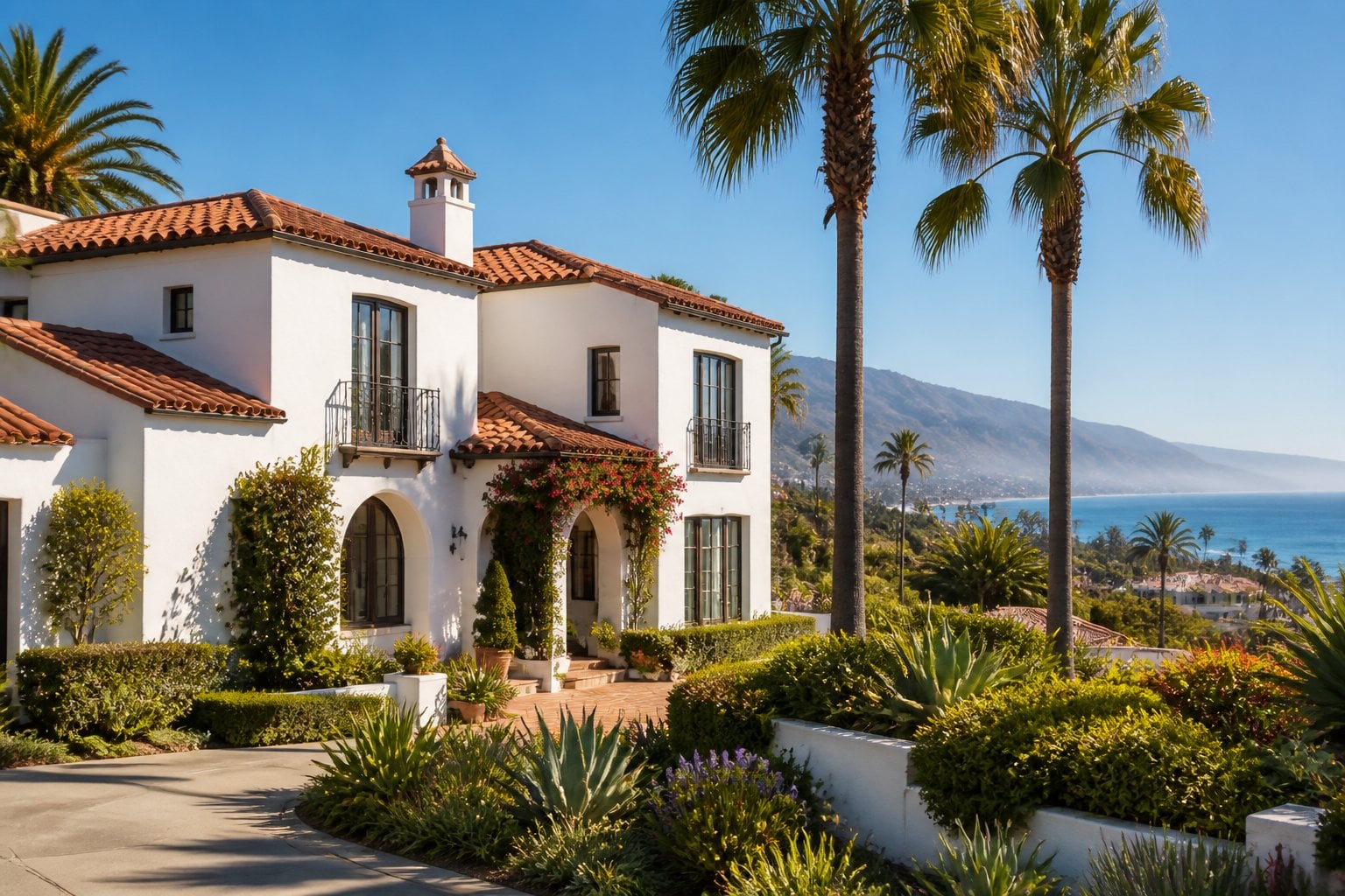 A luxury Spanish-style home in a landscaped Santa Barbara neighborhood overlooking the Pacific Ocean.