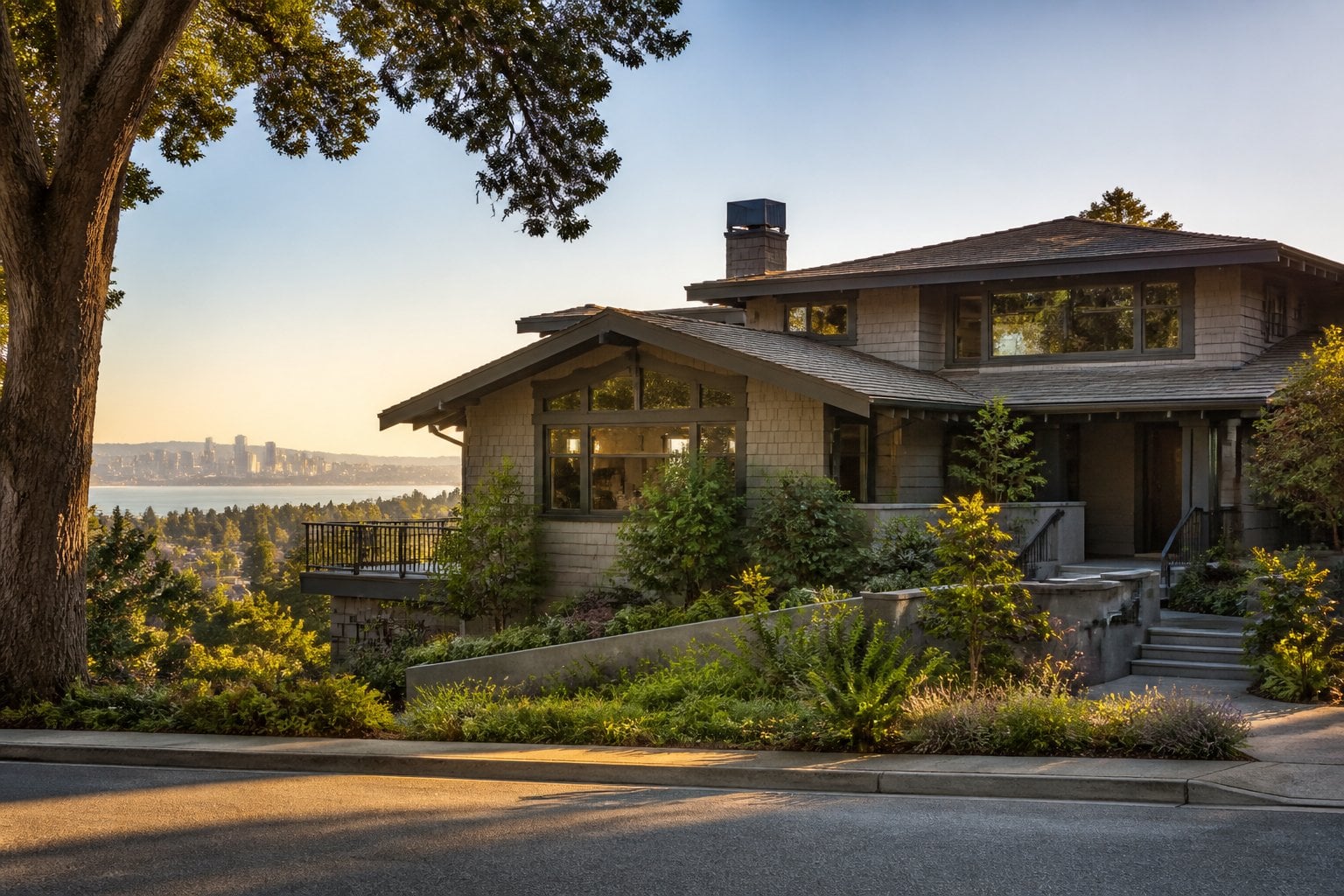 An elegant hillside home in a landscaped Oakland neighborhood with a distant view of the bay.