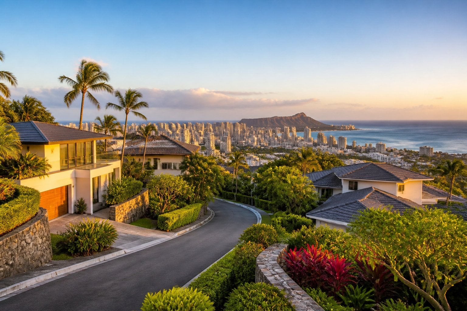 Luxury homes in a lush Honolulu neighborhood with palm trees, the Pacific Ocean, and Diamond Head in the background.