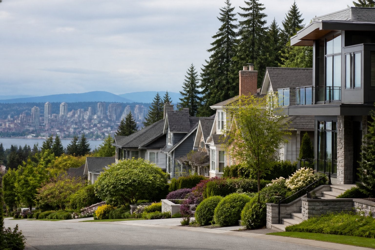 An upscale Seattle neighborhood with attractive homes, evergreen trees, and the city skyline in the distance.