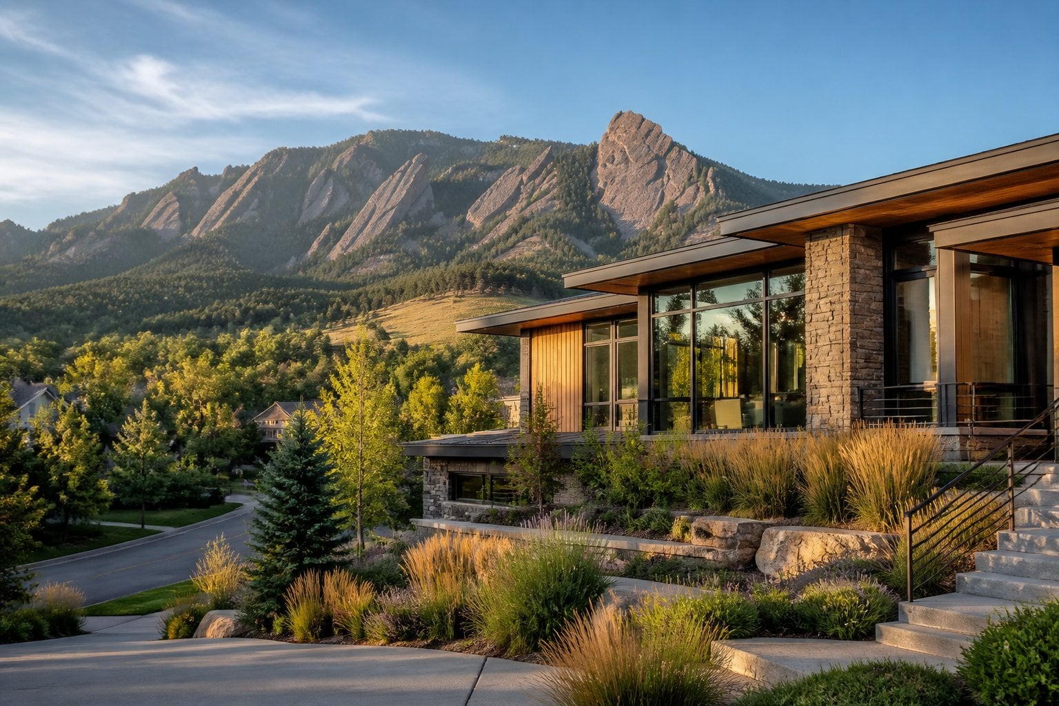 An upscale Boulder home with large windows and landscaped grounds, backed by the Flatirons.