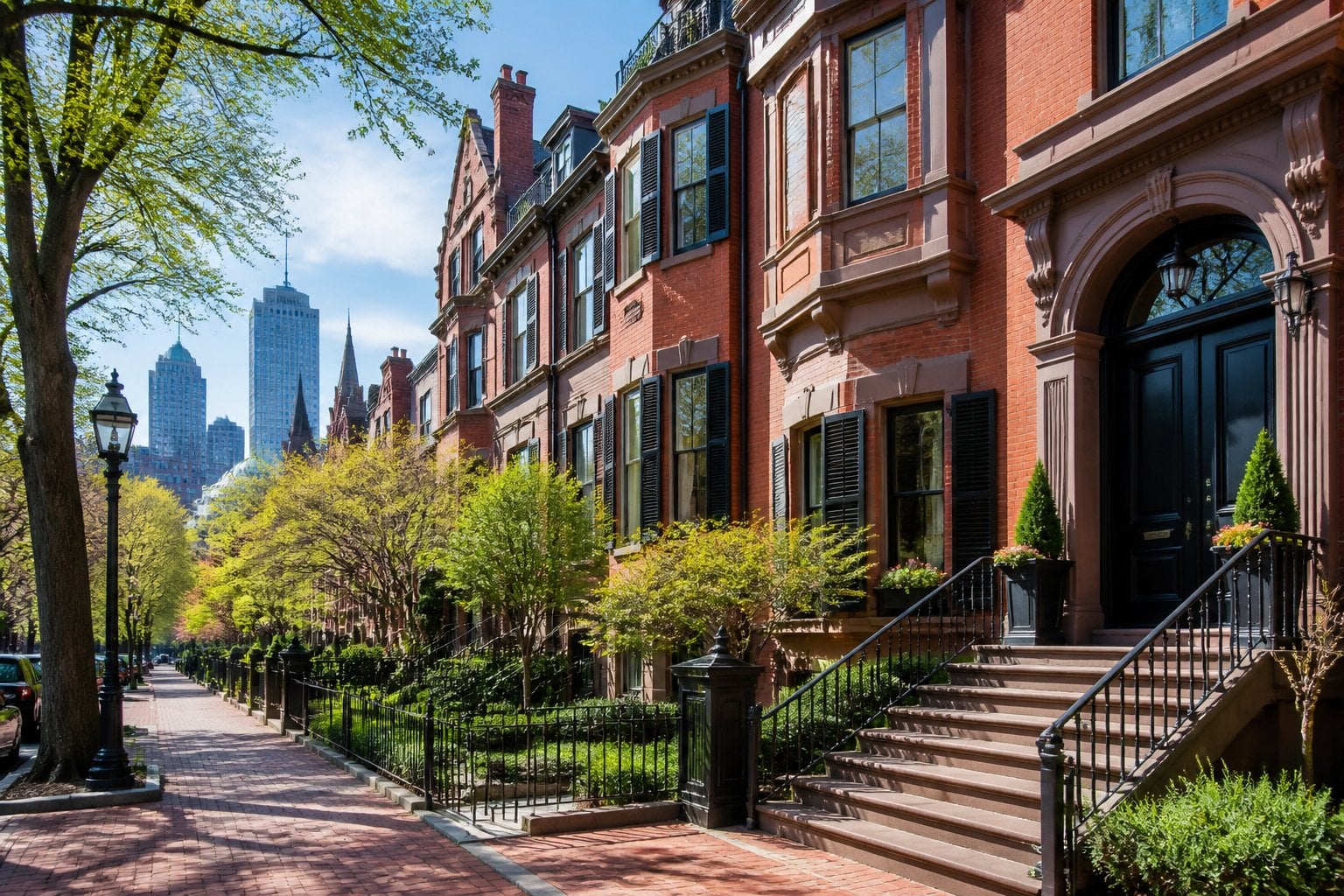 Upscale historic brownstone homes on a leafy Boston residential street.
