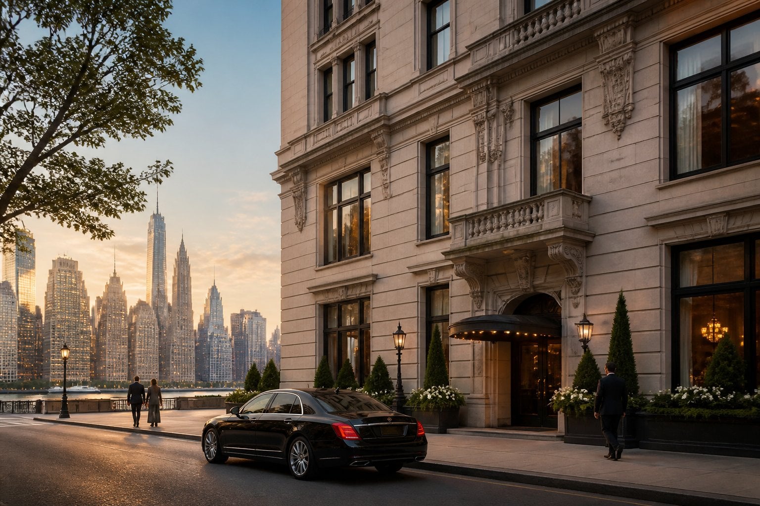 An elegant luxury apartment building on an upscale Manhattan street with the New York skyline in the background.