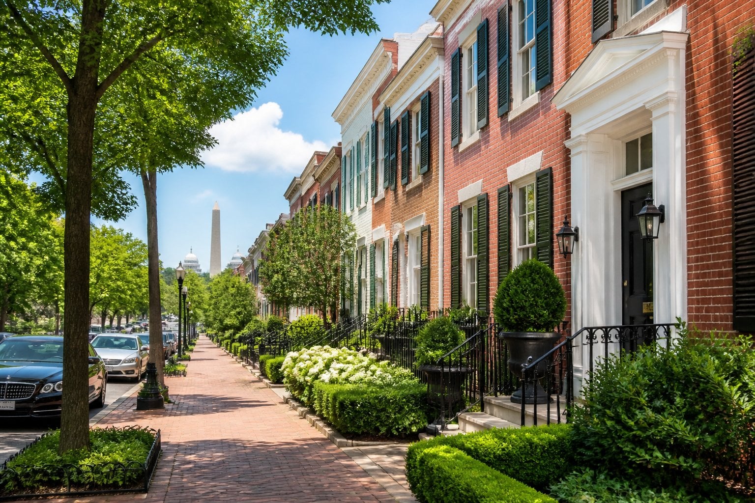 An upscale Georgetown residential street in Washington, D.C., lined with historic brick row houses and mature trees.
