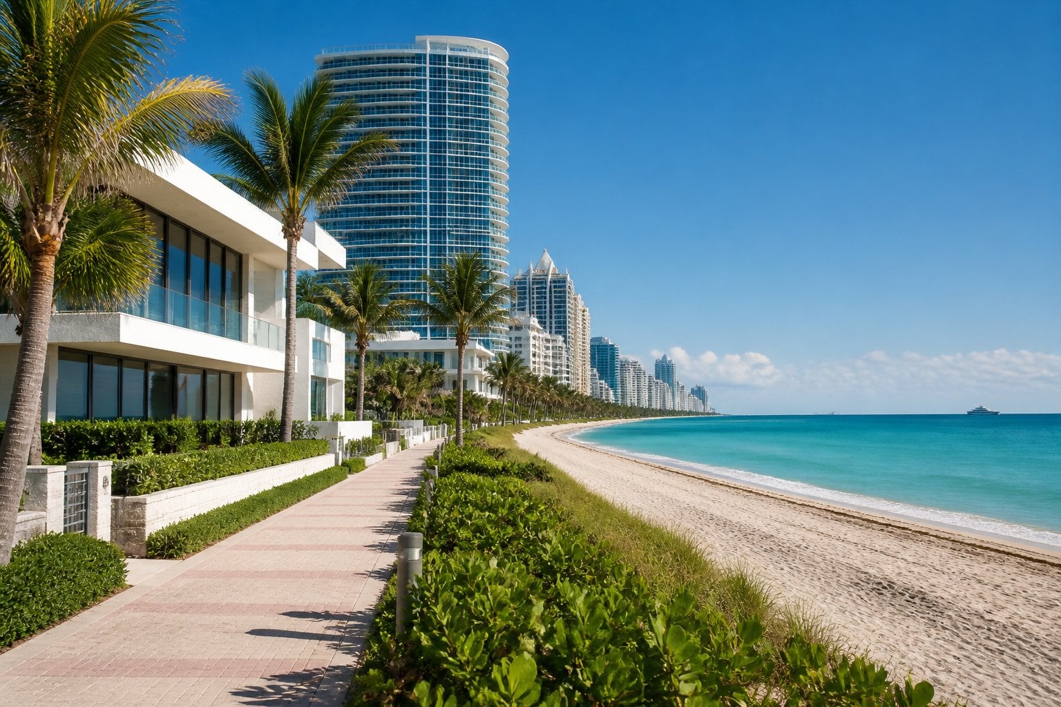 Luxury homes and condominium towers along a sunny Miami Beach shoreline with palm trees and turquoise water.