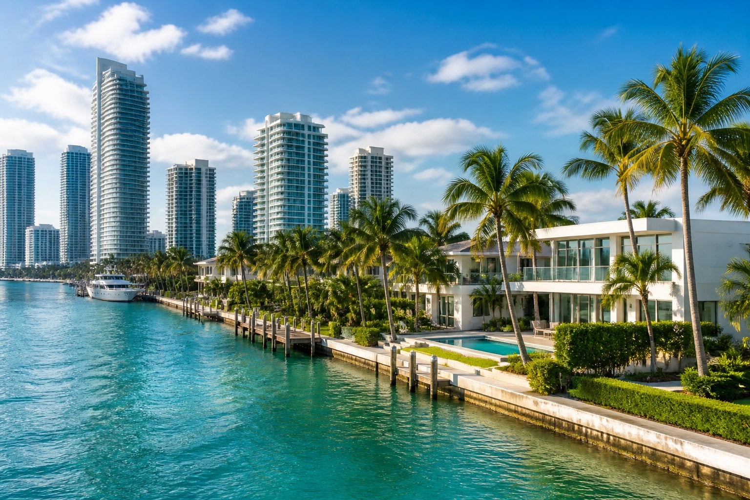 Luxury waterfront homes and high-rise buildings beside palm trees in Miami, Florida.