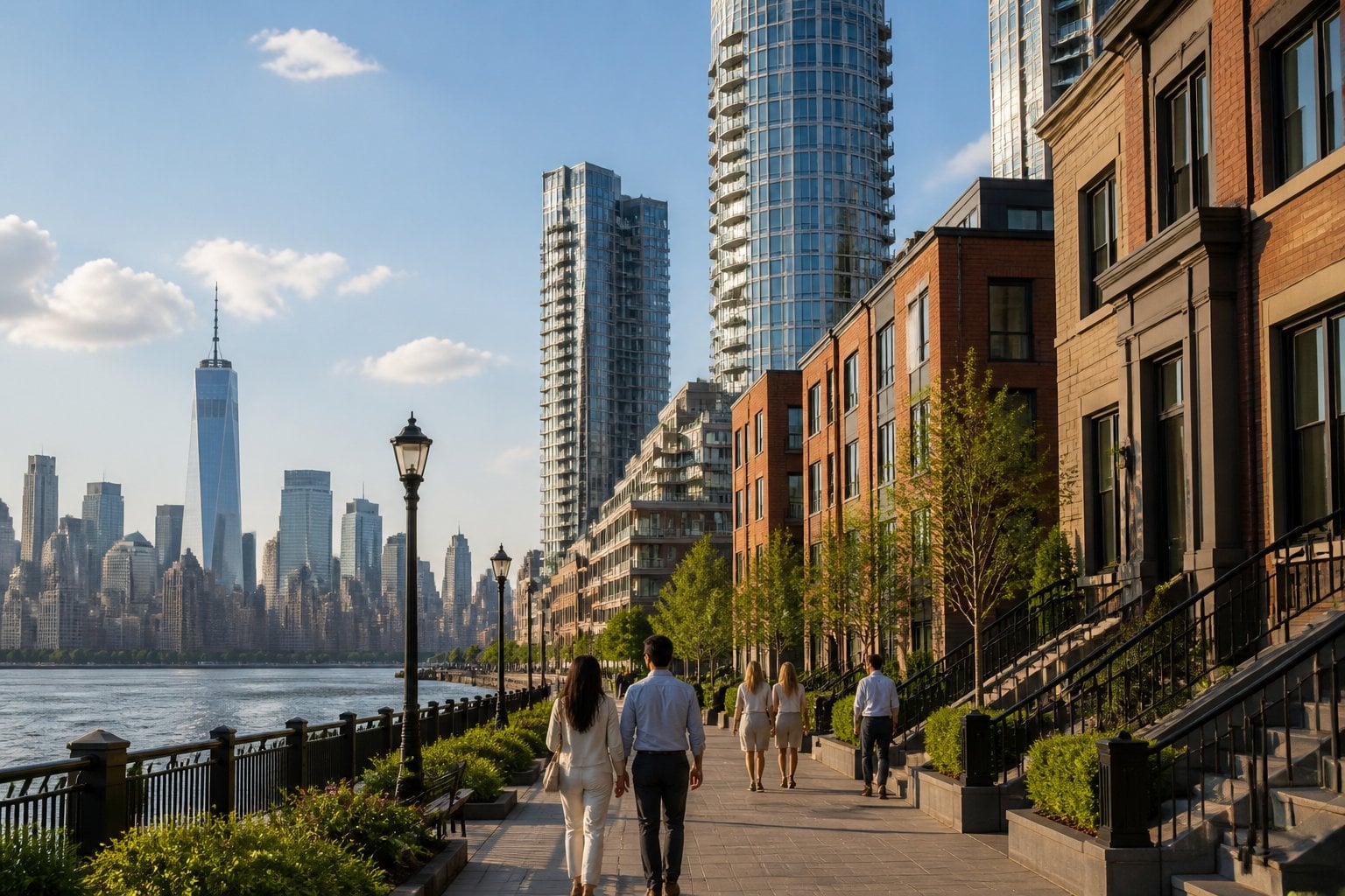 A luxury Jersey City waterfront neighborhood with modern residential towers, landscaped streets, and the Manhattan skyline across the Hudson River.