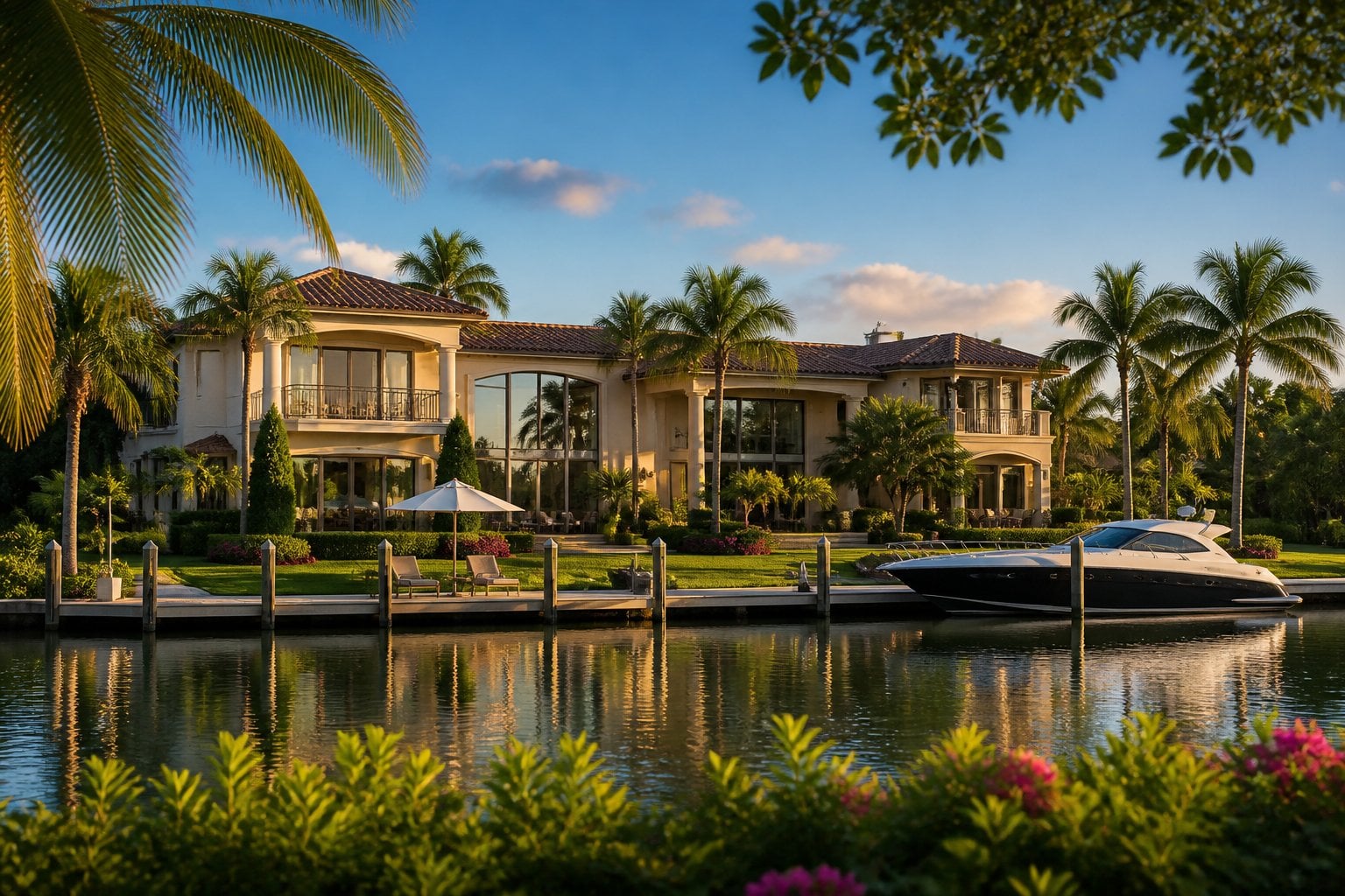 Luxury waterfront home with palm trees, a private dock, and a boat in Naples, Florida.