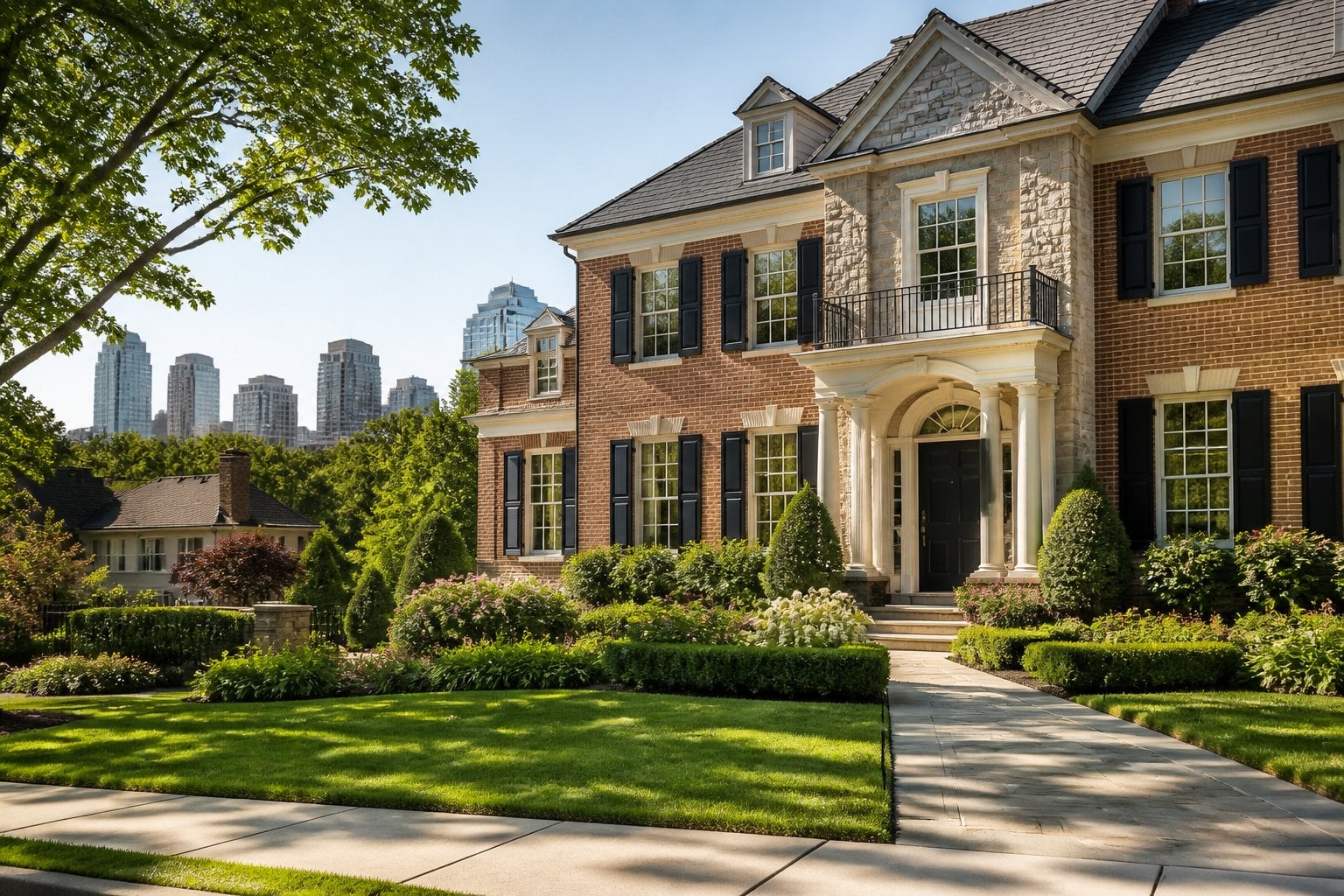 An upscale Arlington neighborhood with a well-kept brick home, landscaped yard, mature trees, and a distant city skyline.