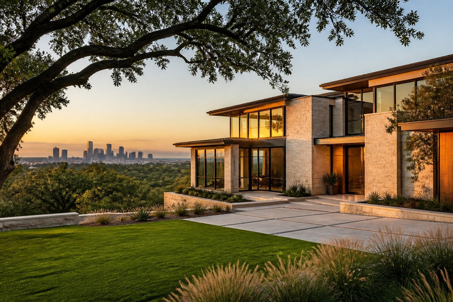 A luxurious modern home in an Austin neighborhood surrounded by live oak trees and landscaped grounds.