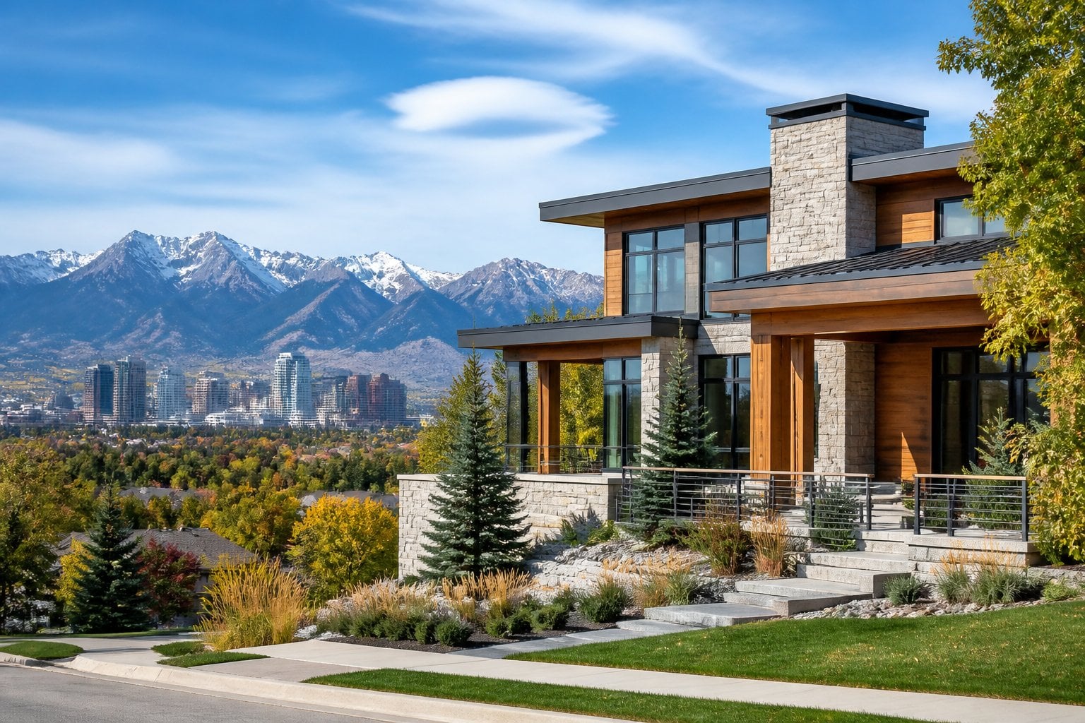 An upscale Denver home with landscaped grounds and the Rocky Mountains in the background.