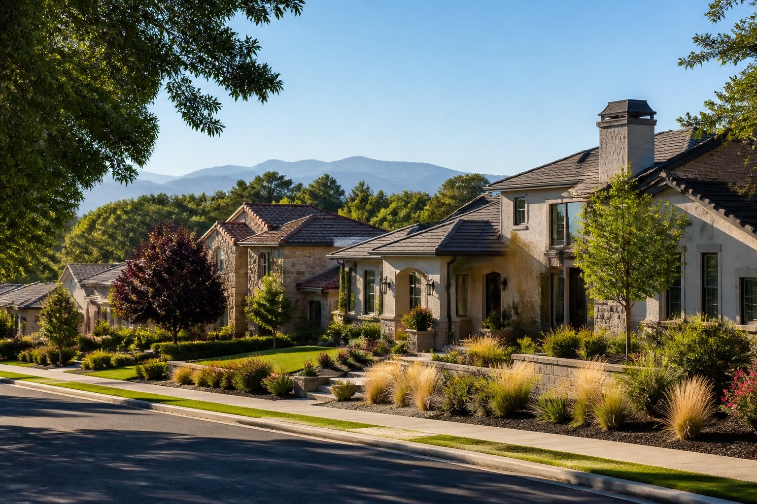 An upscale Sacramento neighborhood with elegant homes, landscaped yards, mature trees, and distant foothills.