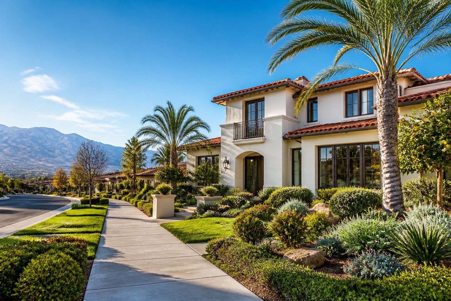 An upscale Riverside, California home with landscaped grounds, palm trees, and distant mountains.