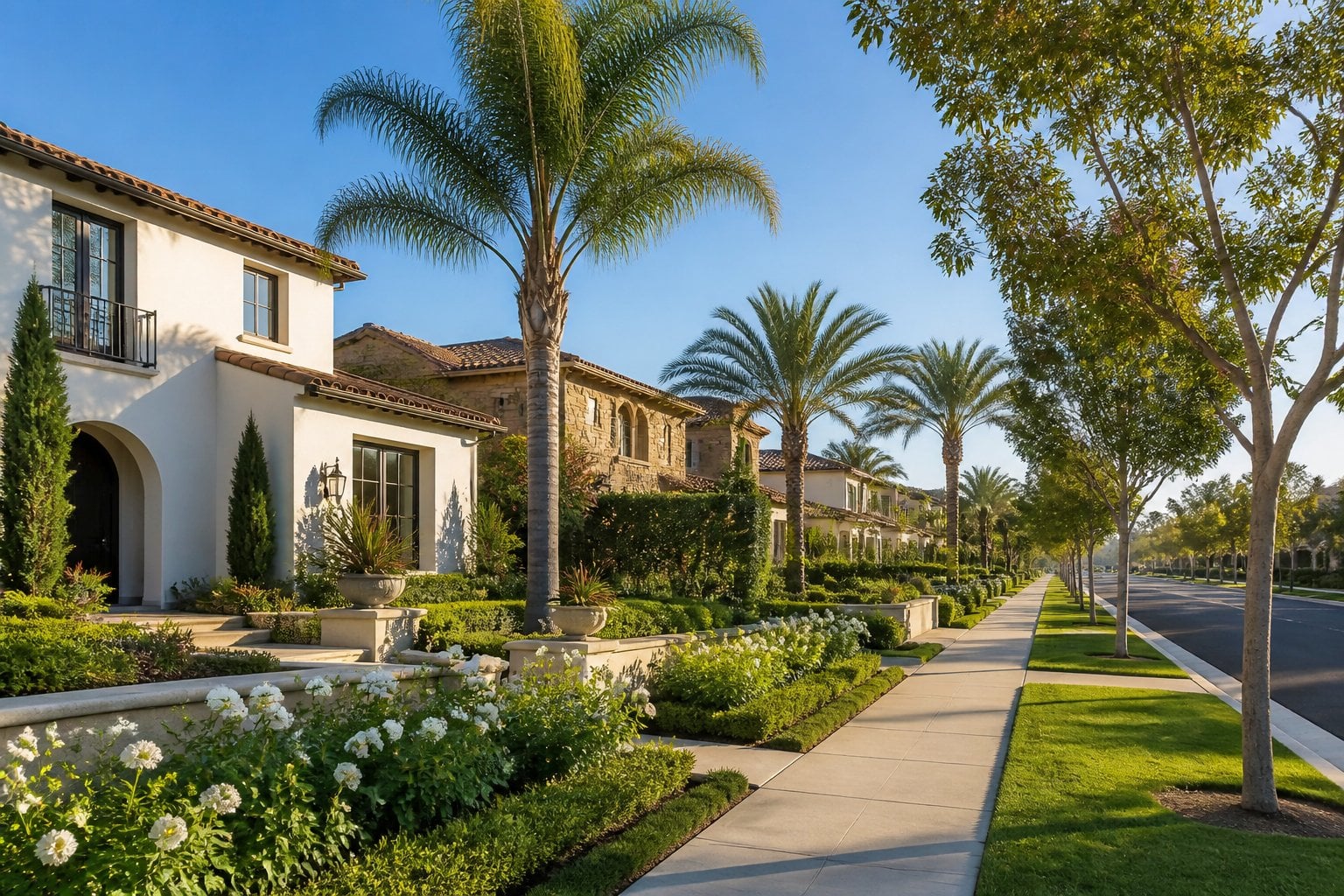 An upscale, palm-lined residential neighborhood in Anaheim with elegant homes, landscaped yards, and sunny California skies.