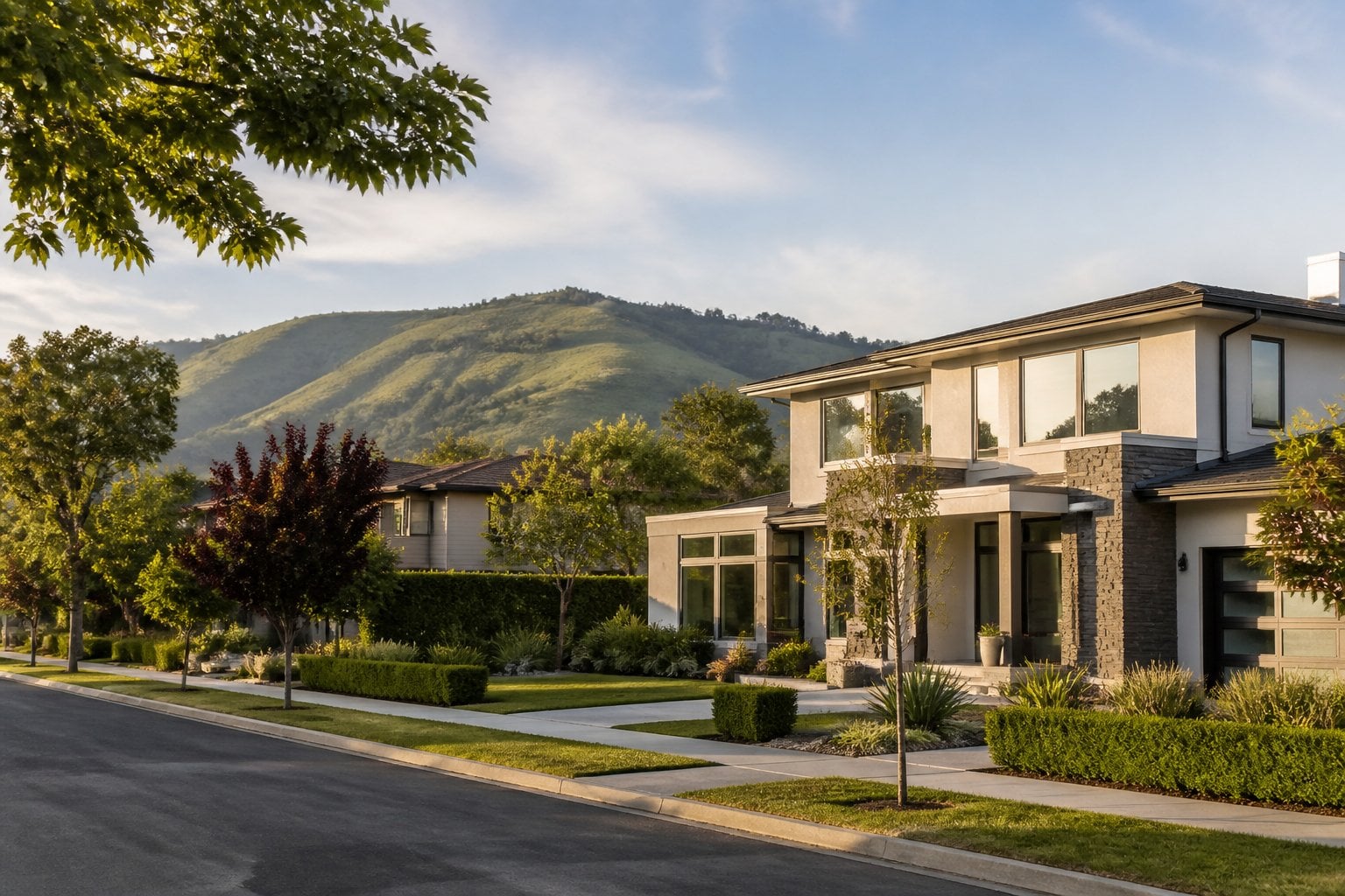 An upscale San Mateo neighborhood with a modern home, manicured landscaping, mature trees, and rolling hills in the background.