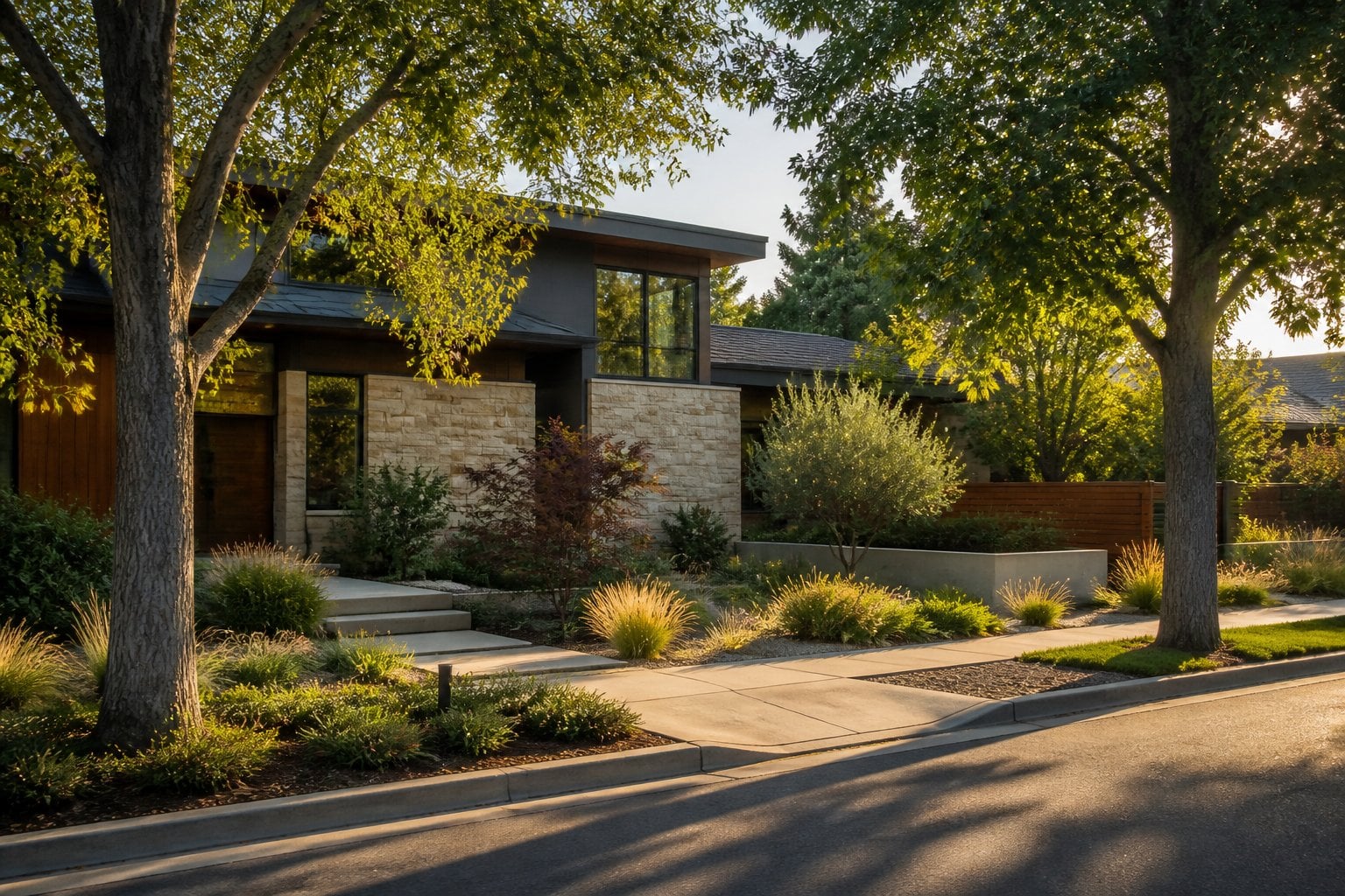 An upscale Palo Alto neighborhood with a modern home, mature trees, and carefully landscaped greenery.