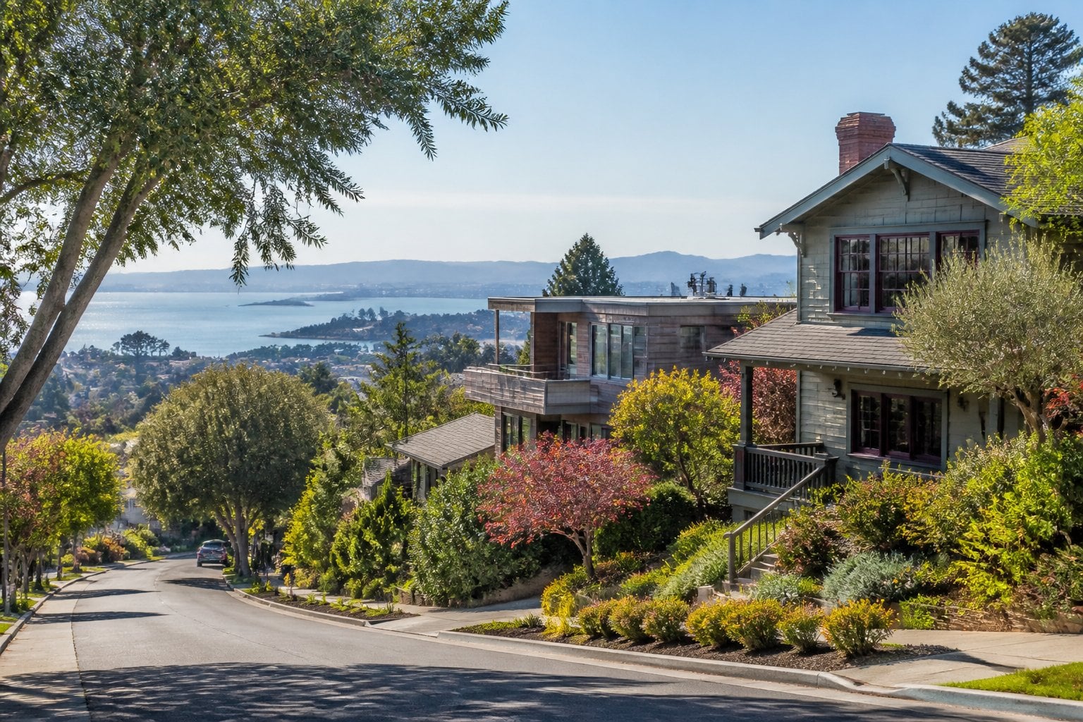 A tree-lined Berkeley neighborhood with elegant homes, lush landscaping, and distant views of the hills and bay.