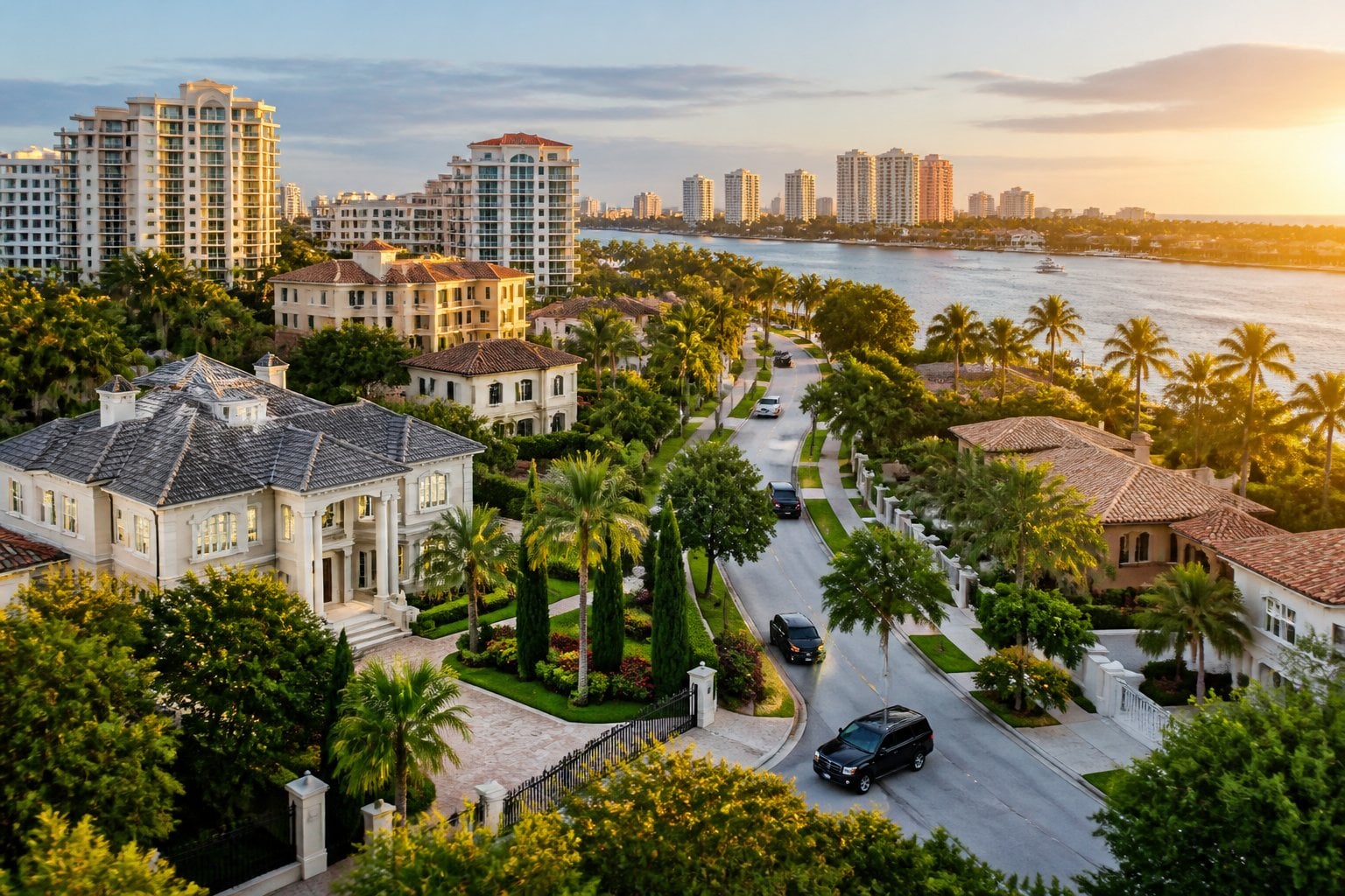 Aerial view of a luxurious neighborhood with elegant homes, landscaped streets, high-rise residences, and a waterfront.
