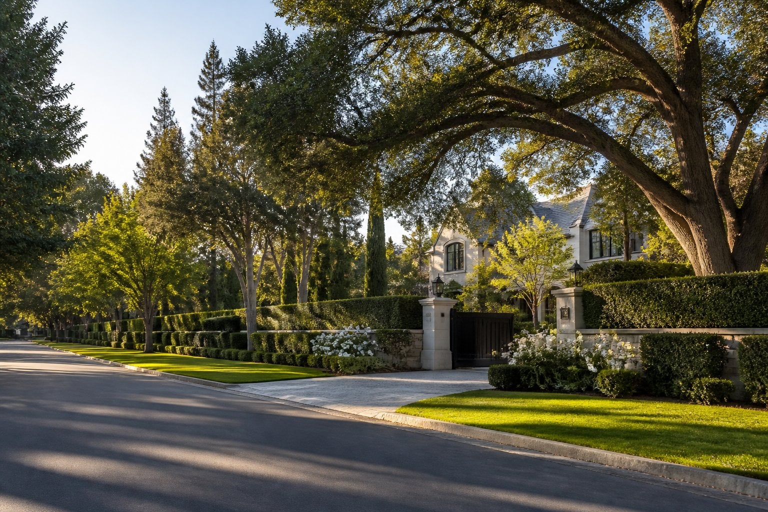 A quiet tree-lined street with a luxurious estate, manicured landscaping, and a gated driveway in Atherton, California.
