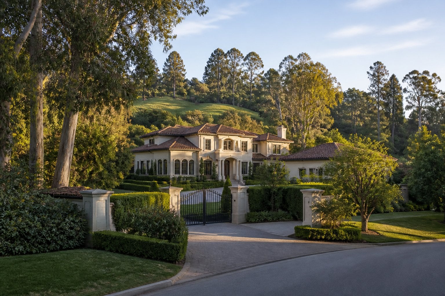 A luxurious estate surrounded by manicured gardens and mature trees in the rolling hills of Hillsborough, California.