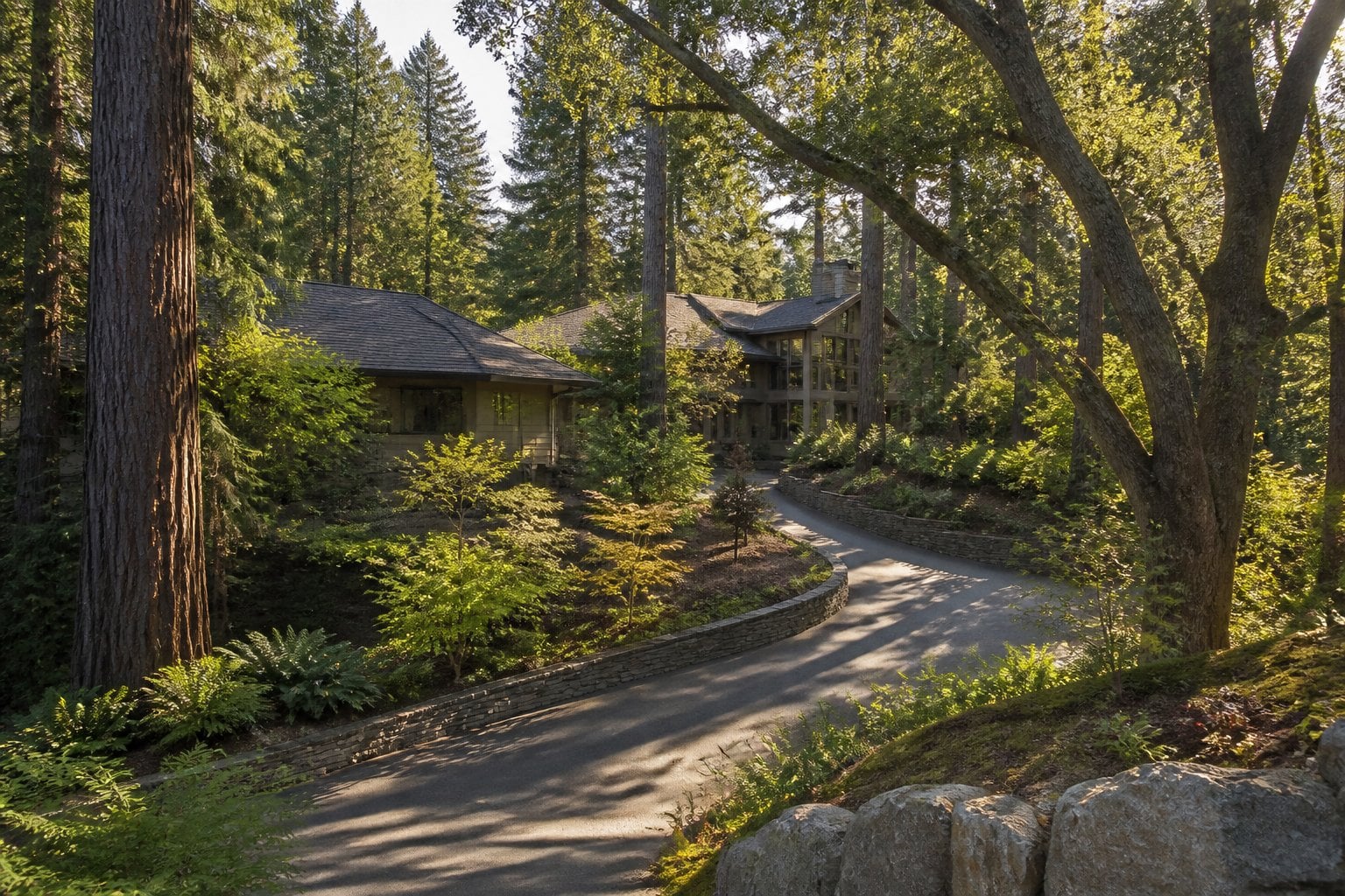 A secluded luxury home surrounded by redwood trees, gardens, and a winding driveway.