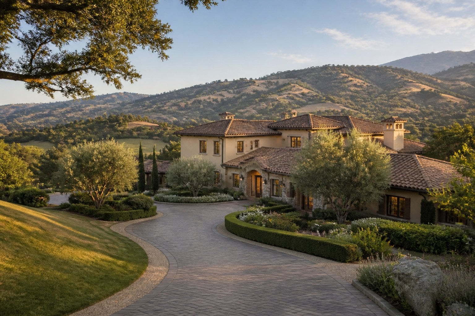 A luxurious hillside home surrounded by manicured landscaping and mature trees, overlooking rolling California hills.