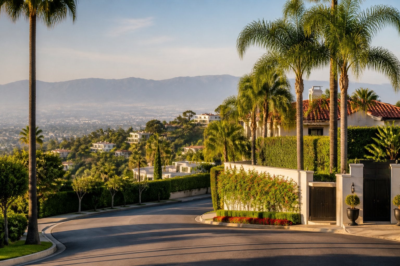 A landscaped hillside road in Bel Air with luxury homes, palm trees, and distant views of Los Angeles.