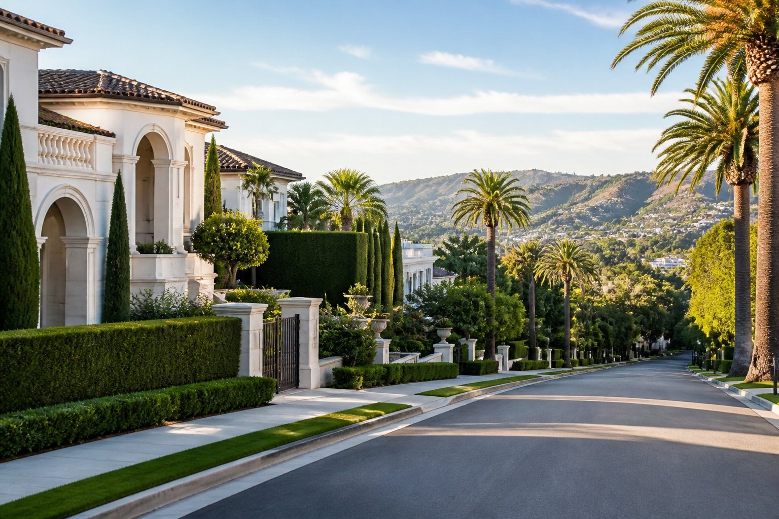 An upscale Beverly Hills residential street lined with luxury homes, palm trees, manicured hedges, and rolling hills in the distance.