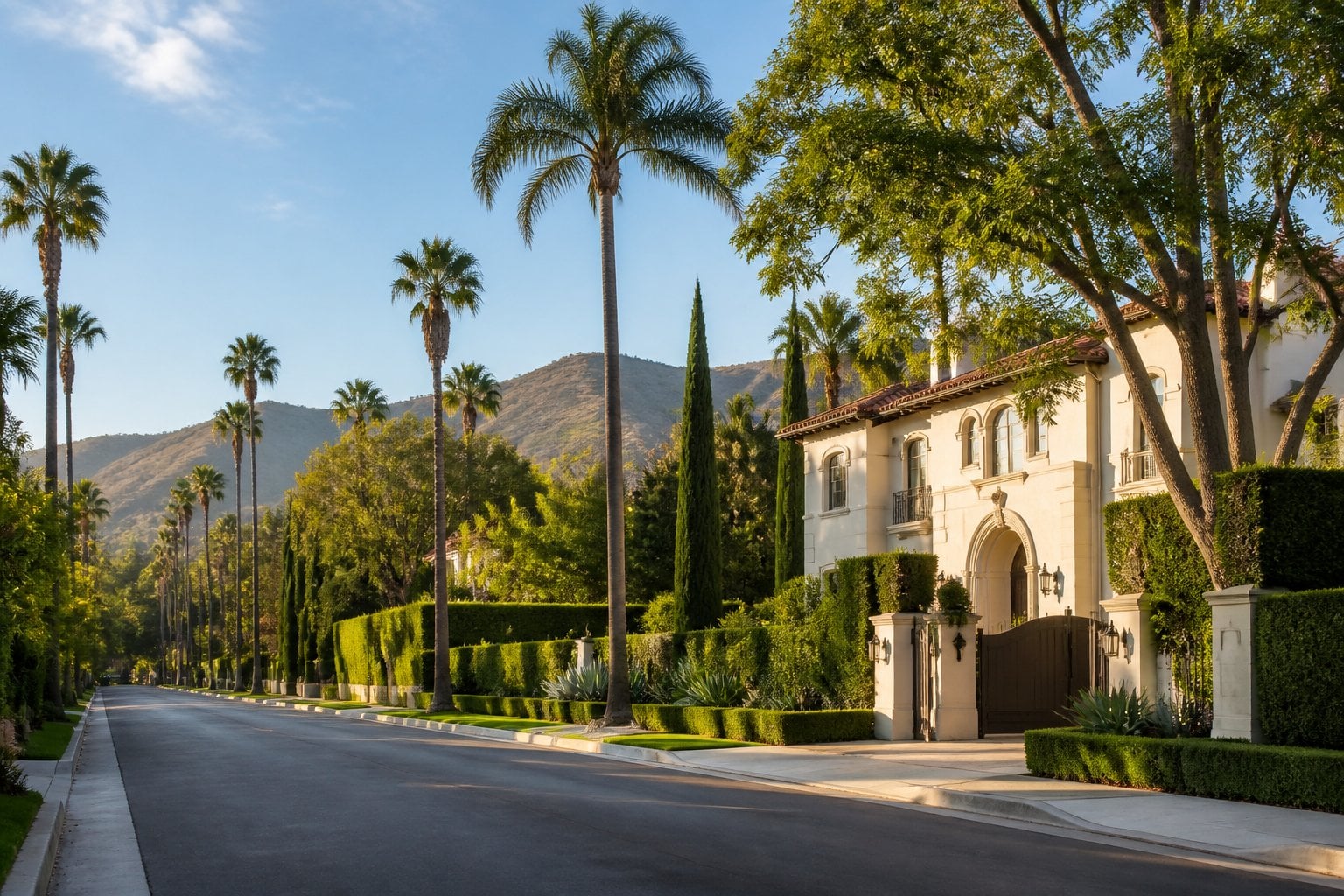 A quiet palm-lined street with landscaped grounds and large luxury homes in Holmby Hills.